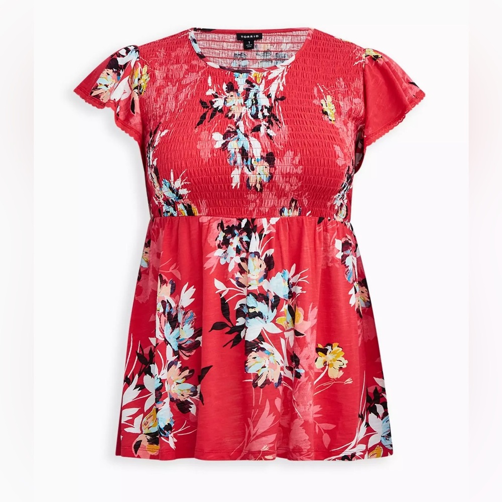 Torrid Babydoll Cotton Crew Neck Smocked Bodice Floral Top